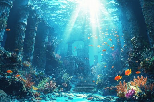 Underwater Kingdom with Vibrant Marine Life and Magical Sunlight Rays