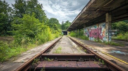 A neglected, overgrown train station with rusting tracks and derelict platforms.