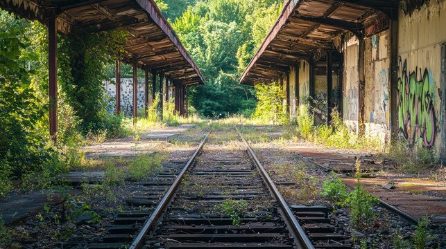 A neglected, overgrown train station with rusting tracks and derelict platforms.