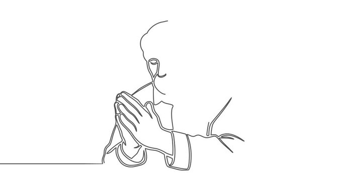 Thin line drawing of Christian old man prayer. Clasped hands and pray for blessings from God. Believer with prayer hands show faith and religion.