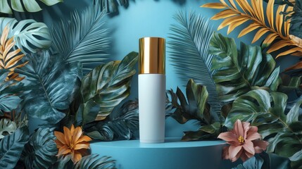 3d white cosmetic cream tube with golden cap place3d on pedestal decorate3d with colorful tropical leaves isolate3d on blue backgroun3d beauty product presentation