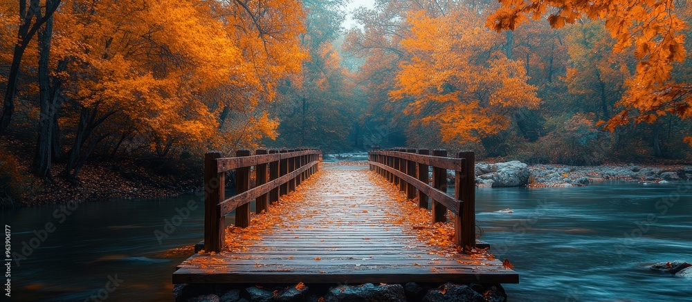 Wall mural autumnal bridge over river