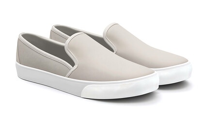 A pair of off-white slip-on sneakers with white soles.