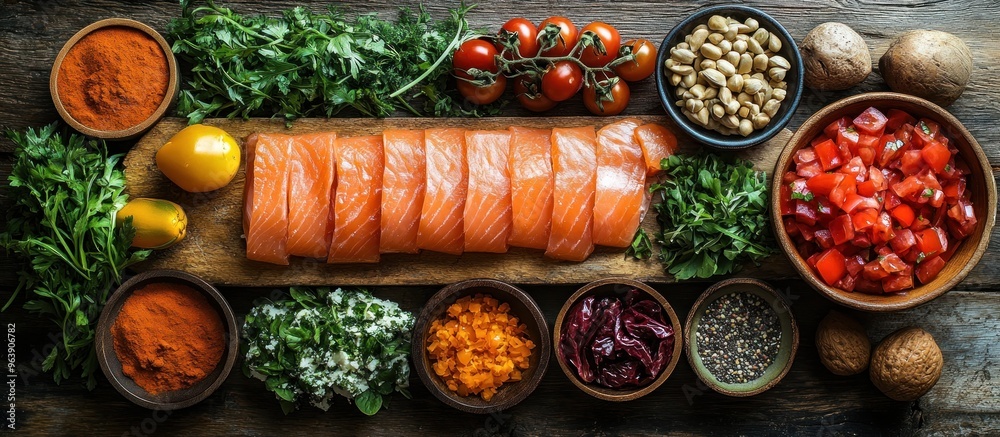 Wall mural salmon and vegetables: a healthy feast