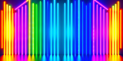 Obraz premium holographic glowing neon lines, polygonal lights dark background.