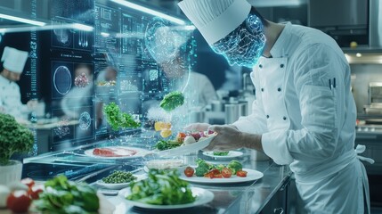 Chef Uses Augmented Reality Technology for Food Preparation in Modern Kitchen