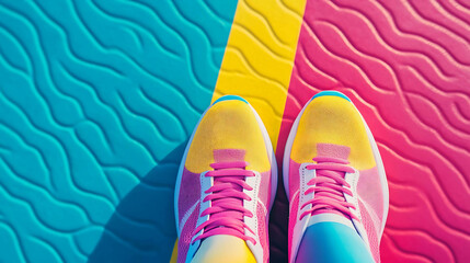 Naklejka premium Colorful sneakers on colorful patterned floor.