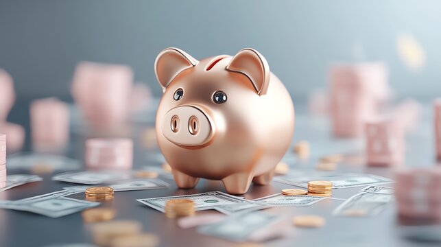 A shiny piggy bank surrounded by scattered banknotes and coins, symbolizing savings, finance, and financial planning.