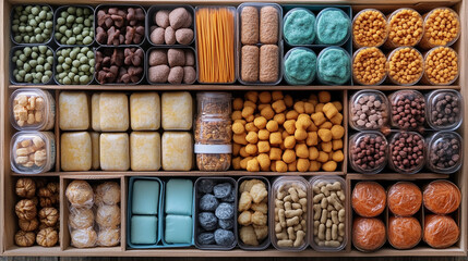 A colorful assortment of snacks arranged neatly in boxes, showcasing a variety of textures and flavors for food lovers.