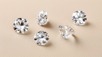 Glimmering diamonds of various cuts and sizes shimmer against a soft backdrop, casting delicate shadows that enhance their beauty.
