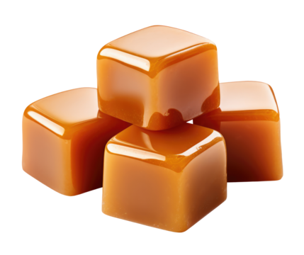 Four caramel cubes isolated on transparent background