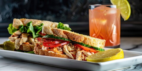 Tasty and revitalizing sandwich accompanied by lemonade on a light serving tray, featuring a mix of vegetables and chicken.