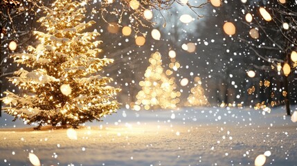 Naklejka premium Snowy Christmas Tree with Lights and Bokeh
