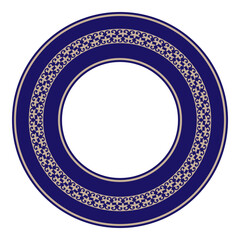 Round blue gold ornament frame, Asian Kazakh national ornament. Ethnic Pattern of nomadic peoples, Turks, Kazakh, Kyrgyz, Mongol. Frame for round surfaces, household utensils, textiles, embroidery