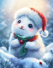 Cute White Animal in Winter Wonderland Wearing Santa Hat and Scarf
