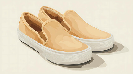 A pair of casual beige slip-on sneakers.