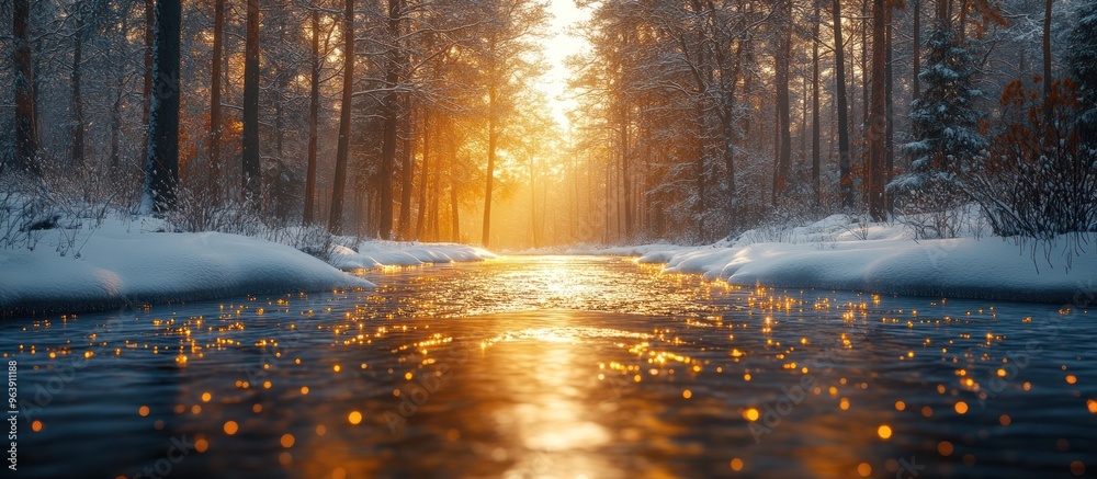 Poster winter wonderland: golden river flowing through a snowy forest