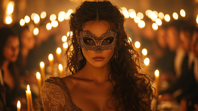A mysterious woman in a masquerade mask surrounded by romantic candlelight at an elegant event.