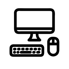 outline desktop personal computer PC icon symbol with monitor, keyboard, and mouse, perfect for technology, IT, and online business branding.