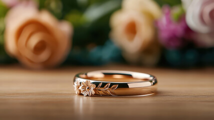 A gold ring with a flower design on it sits on a wooden table. The ring is surrounded by a bouquet of flowers, which adds a touch of elegance and romance to the scene