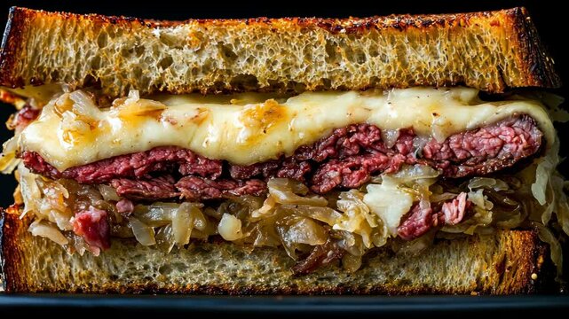 Delicious homemade Reuben sandwich with layers of corned beef, cheese, and sauerkraut on toasted rye bread
