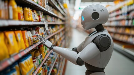 Fototapeta premium Robotic Assistant Examining Store Shelves in Modern Supermarket