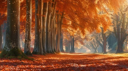 Autumn colored leaves glowing in sunlight in avenue of beech trees