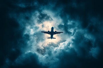 Commercial passenger airplane flying in the amazing blue sky and dark clouds. Travel by air transport , ai