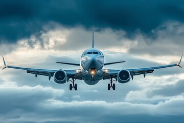Obraz premium Commercial passenger airplane flying in the amazing blue sky and dark clouds. Travel by air transport , ai