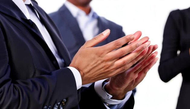 Cropped shot of two corporate businesspeople applauding the recipient of an award during a ceremony
