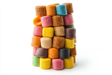 A colorful tower of stacked sugar cubes, showcasing vibrant hues and various shapes, emphasizing playful design and sweetness.