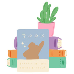 A potted plant on a stack of books, books with visible covers, cute hand-drawn illustration / 積み重なった本の上に鉢植え、表紙の見える本、かわいい手描きのイラスト