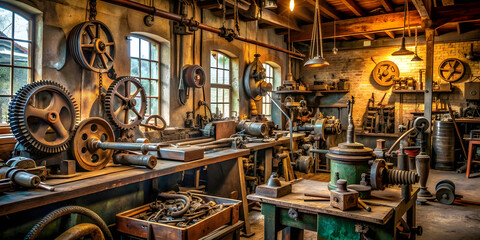 A vintage workshop filled with rusty gears, worn tools.