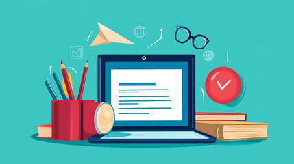 A laptop, books, pencils, and a paper airplane on a blue background, representing online learning.