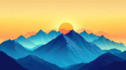 Fototapeta premium A minimal, artistic illustration of a mountain range with a large sun setting behind them.
