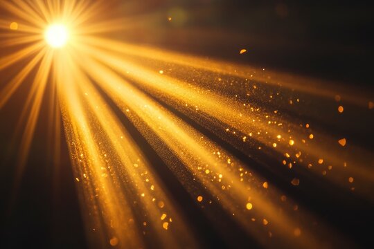 golden sunbeam sunlight beam sunshine sunset bright. Isolated yellow light rays animation. Shine or sun effect on black screen background. Glitter, shiny, bright, flare. orange sunrays, bokeh , ai