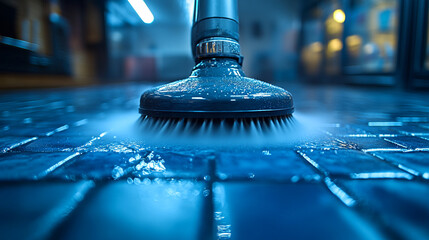 Close-up of a steam cleaner scrubbing a tiled floor, showcasing effective cleaning for hygienic surfaces.
