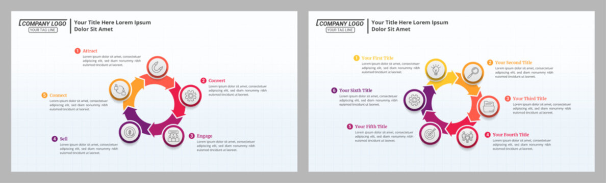 5 & 6 Steps Cycle Infographics Diagram and Editable Text on a 16:9 ratio for Business Cycles, Progress, Plans, Goals, and Website Design.