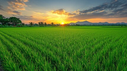 rice field at sunset with golden light reflecting off the water-filled paddies, with distant mountains and a few scattered clouds, wide composition