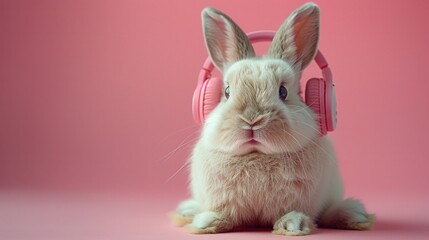 Fototapeta premium Music-Loving White Rabbit Wearing Headphones on Pink Isolated Background