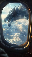 Fototapeta premium Majestic Dragon Emerging Clouds Through Airplane Window Fantasy. AI Generated