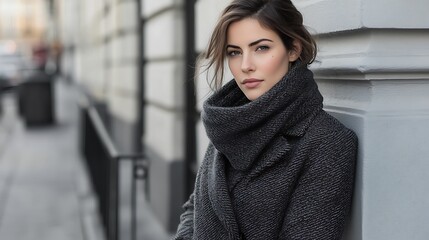 A woman with dark hair is wearing a grey coat and scarf, standing against a wall.