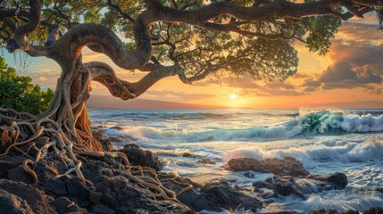 Fototapeta premium Beautiful Hawaiian banyan tree over lava rocks in front of a tropical sunset and breaking waves