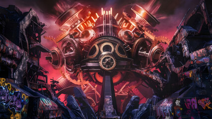 the power and precision of a big mechanical equipment, gears turning and pistons pumping perfectly.