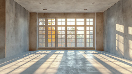 Spacious and modern empty room with large windows, featuring natural light and concrete walls, perfect for creative purposes.