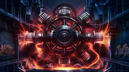 the power and precision of a big mechanical equipment, gears turning and pistons pumping perfectly.