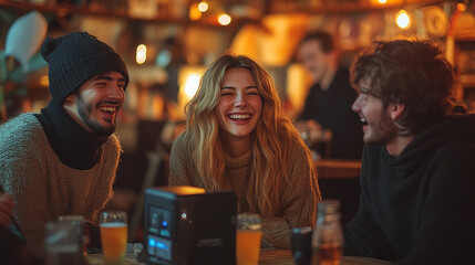 Fototapeta premium Three friends share laughter and joy in a cozy pub atmosphere, enjoying drinks and each other's company in warm lighting.