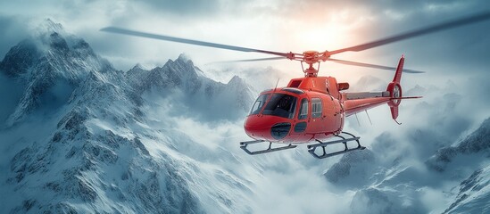 Red Helicopter Flying Over Snowy Mountains