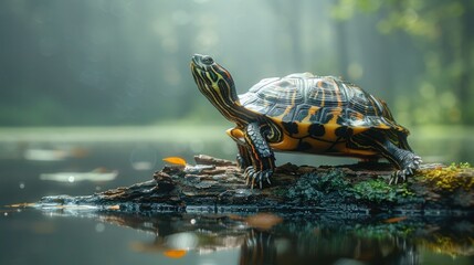 Turtle on Log in Lake: Serene Reptile Basking in Nature's Beauty