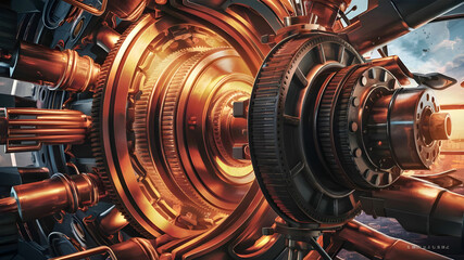 the power and precision of a big mechanical equipment, gears turning and pistons pumping perfectly.